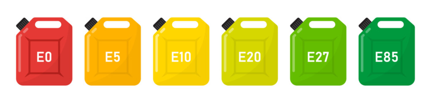 Ethanol fuel canister icons set, E0 E5 E10 E20 E27 E85 biofuel containers