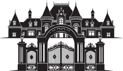 Gothic castle gate, Victorian mansion entrance, black and white vector, ornate architecture © Rokeya