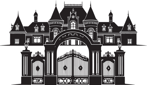 Gothic castle gate, Victorian mansion entrance, black and white vector, ornate architecture