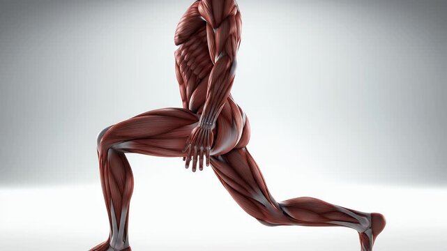 Detailed 3D Male Musculature Anatomy Displayed in a Lunge Pose With Highlighted Hamstring And Calf Muscles On A Clean White Gradient Background