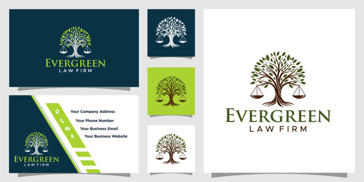 Elegant logo and branding suite for a legal practice, featuring a stylized tree embracing scales of justice, representing growth, equity, and enduring legal service