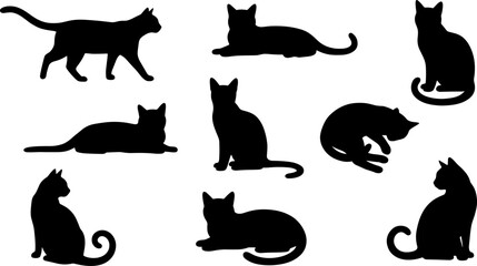 Cat silhouettes set, domestic feline pet collection, sitting walking lying kitten poses isolated vector illustration for animal design elements © Mst
