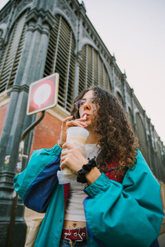 Woman sipping bubble tea