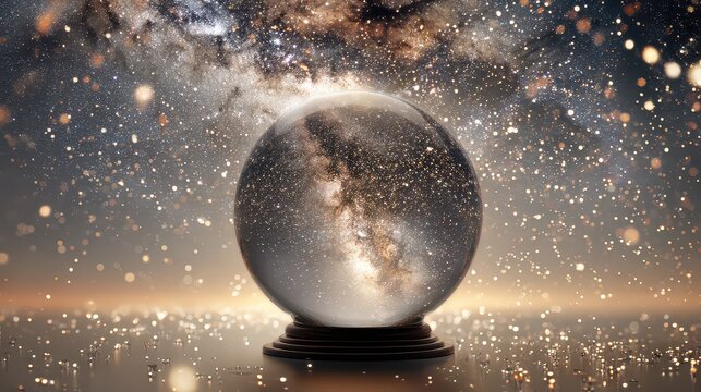 Crystal Ball with a Celestial Galaxy Inside on a Reflective Surface Bokeh Lights Creates a Dreamlike Atmosphere Center Shot