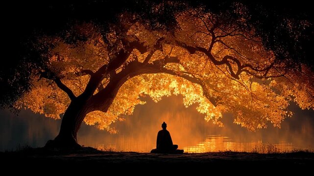 Tranquil Meditation Under the Golden Tree: A serene scene of quiet contemplation unfolds beneath a majestic tree, its branches ablaze with golden light.