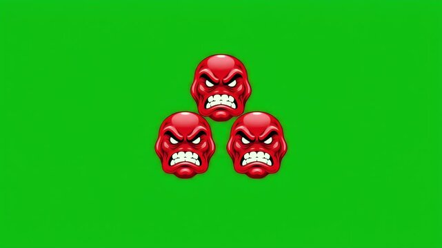 Three stylized red angry faces with bared teeth against a green background