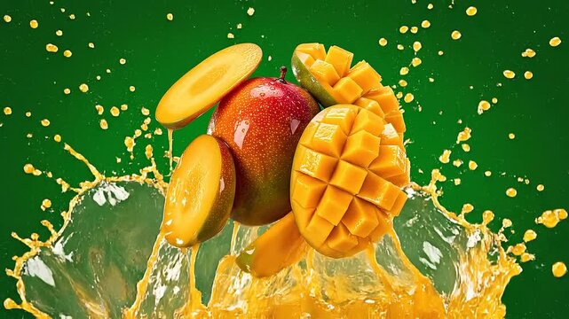 Juicy Ripe Mango Sliced and Whole in Golden Juice Splash on Green Screen