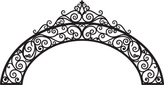 Ornate iron arch, wrought iron archway, black metal gate, decorative scrollwork
