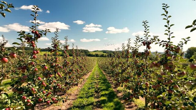 Apple Orchard Rows with Red Apples and Green Trees.