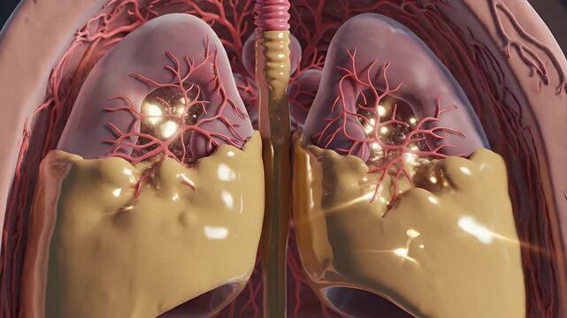 Detailed 3D Medical Animation Of Human Lungs Showing Emphysema With Diffuse Yellow Nodules And Irregular Texture Inside A Transparent Torso