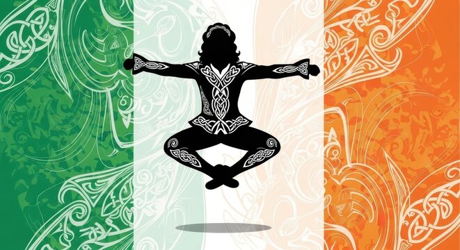 Irish Dance Silhouette on the Irish Flag Background.