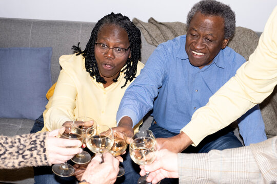 UGC of senior friends gathering together at home toasting with wine