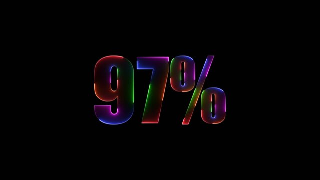 Abstract neon countdown 97% number text background illustration. 97 Percent Off Sale. 4k illustration.