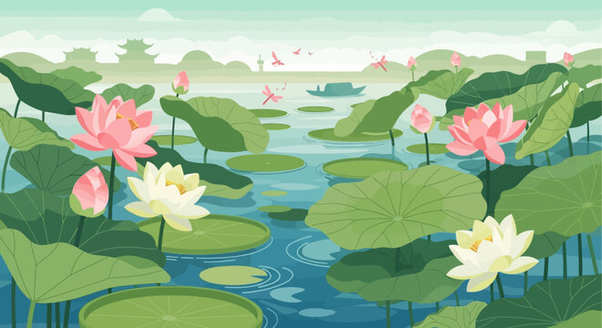 Serene Lotus Pond with Pink and White Blooms and Lily Pads.
