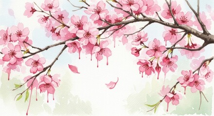 Fototapeta premium A watercolor painting style of sakura branches with soft, bleeding pink hues.