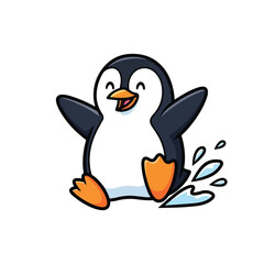 Obraz premium Cartoon Penguin Character Playing in Water Splash Scene