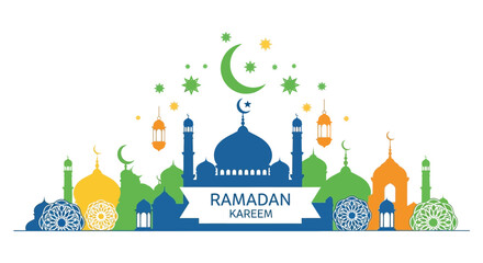 A vibrant illustration depicts a ramadan kareem greeting with a crescent moon ornate lanterns and mosque silhouettes © nhpvect02