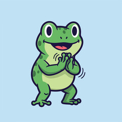 Fototapeta premium Cartoon Green Frog Character Standing with Hands Together in Prayer