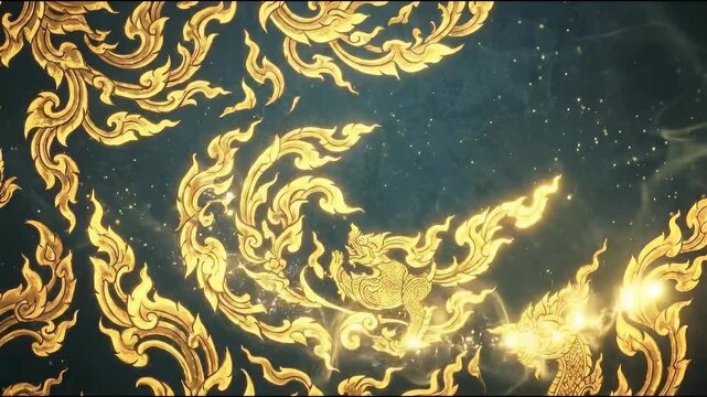 Exquisite golden Thai pattern illuminates dark background, intricate traditional artwork showcasing radiant swirling light, reflecting rich cultural heritage