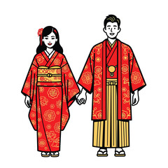 Fototapeta premium Traditional East Asian Couple Holding Hands in Elegant Kimonos, Full Length Vector Illustration