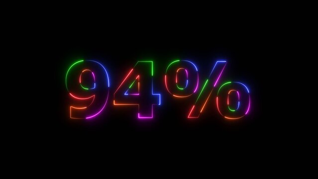Abstract neon countdown 94% number text background illustration. 94 Percent Off Sale. 4k illustration.