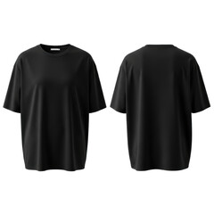 Fototapeta premium Two identical black, short-sleeved, oversized crew neck t-shirts, one front, one back, with natural drapes, isolated on a transparent background with copy space, professional studio product