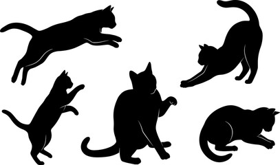 Cat silhouettes collection, jumping stretching playing poses, black feline silhouette isolated illustration set for design use © Mst