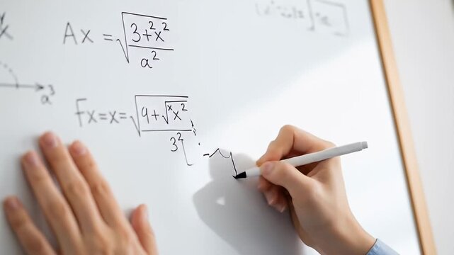 A hand writes complex algebra equations on a white board with a marker
