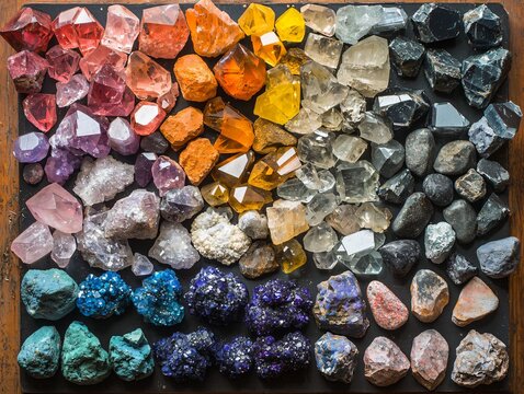 Colorful Display of Natural Minerals and Crystals on a Wooden Tray
