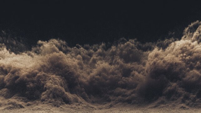 Black dust and sand cloud isolated on black background, storm particles flying, fine sand texture and smoke powder effect, abstract desert wind concept, dynamic movement and atmospheric texture