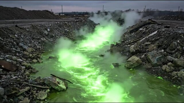 Toxic waste pollution glowing green liquid stream engulfs hazardous wasteland environment. Dump site warns of radioactive material danger, severe ecological destruction, urgent threat