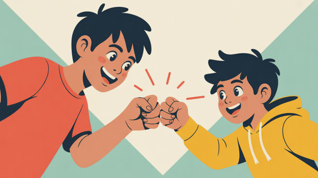 Two boys engaging in friendly arm wrestling with fists clenched and smiling at each other