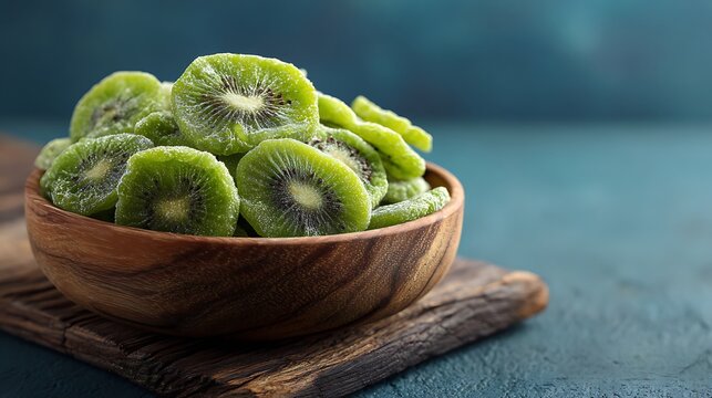 Dried Kiwi Slices in Rustic Wooden Bowl Healthy Snack