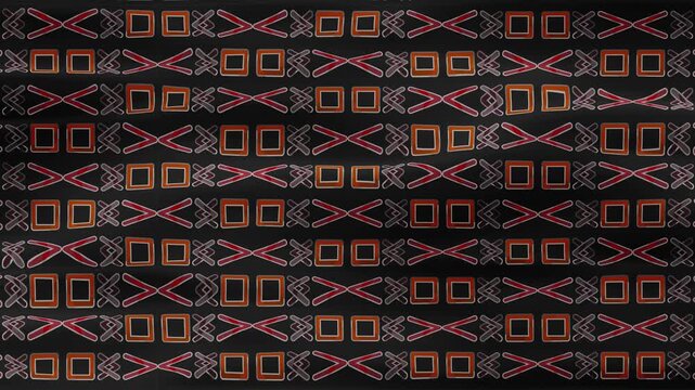 Synchronized geometric pattern with squares and cross shapes in a dark background and repeating texture
