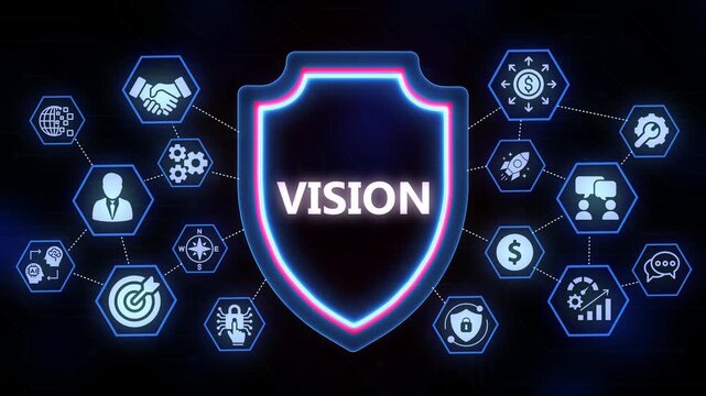 Business Vision Concept Shield with Connected Icons Representing Future Goals and Outlook image photo