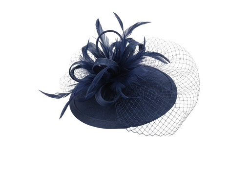 Elegant navy blue fascinator with feathers and veil isolated white background