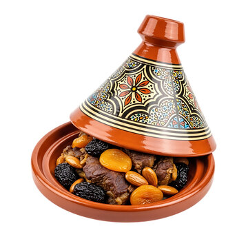 Traditional clay tagine filled with aromatic spices and ingredients for cooking