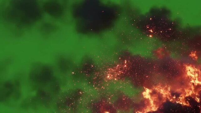 Glowing fiery scene with green gaseous clouds, a mixture of fire and smoke against a green backdrop