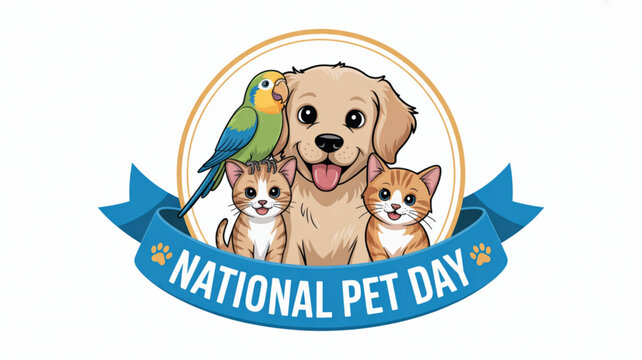National pet day illustration with dog cat and parrot in a circle
