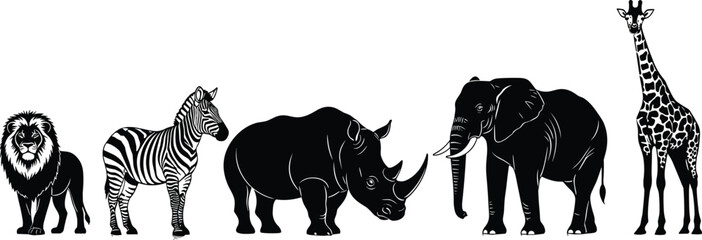 African wildlife silhouette vector illustration set, iconic animal drawings, black and white line art, savanna nature design artwork © MSTSHIULY