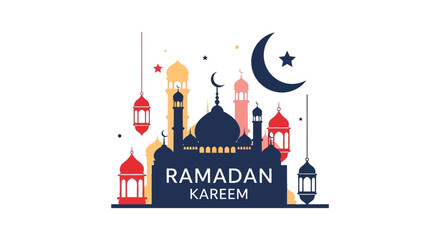 A colorful illustration depicts a ramadan kareem greeting with a crescent moon stars and mosque silhouettes high quality © nhpvect02