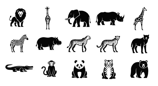 Collection of black and white wild animal vector icons, featuring diverse safari, jungle, and forest creatures. Includes lions, elephants, rhinos, zebras, and pandas for design and education