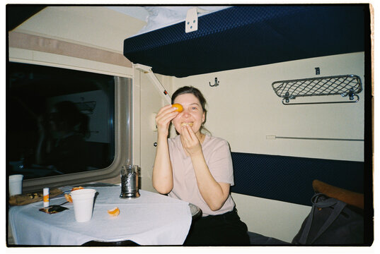Traveling on a train with a joyful moment