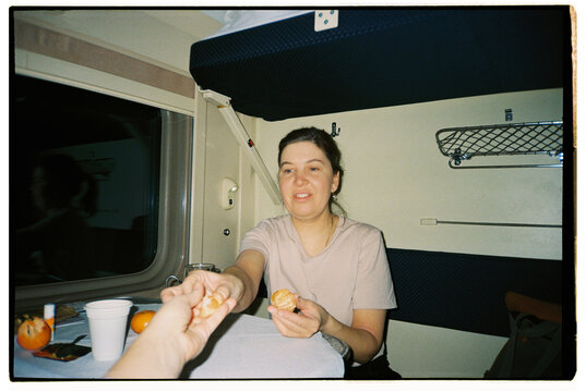 Traveling on a train with a joyful moment