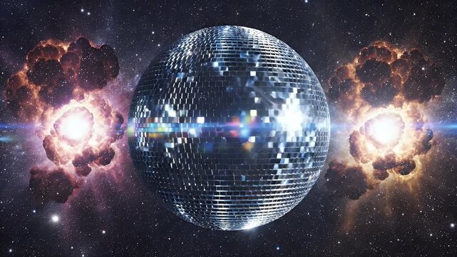 A sparkling disco ball floats amidst cosmic explosions and a star-filled galaxy
