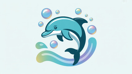 Fototapeta premium Vibrant cartoon dolphin jumping playfully with bubbles in ocean wave