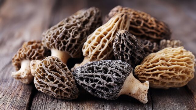 Top view of fresh morels mushrooms on rustic table, showcasing natural texture, healthy gourmet ingredient, tasty appetizer for vegetarian, vegan, keto, and paleo diet, ideal for food concept
