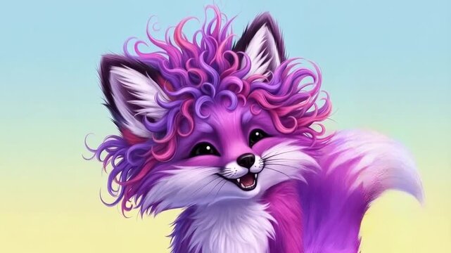 Smiling Cartoon Fox with Curly Purple Hair