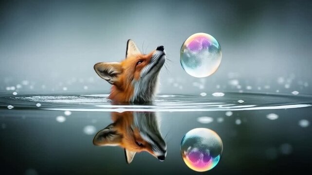Fox in Water with Bubble Reflection