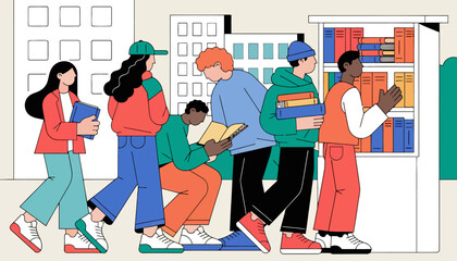 Naklejka premium Diverse group of young adults browsing and reading books in library